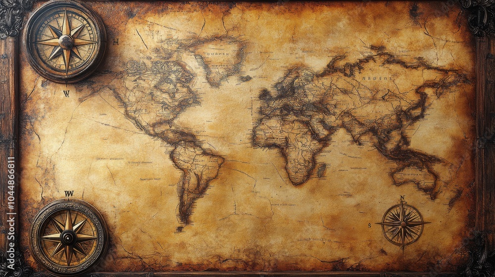 An ancient world map with compass directions, depicted on a rusted ...