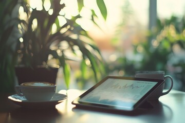 Cozy morning scene with a tablet displaying graphs, a steaming cup of coffee, and lush green plants, capturing a blend of technology and tranquility.