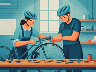 Two individuals repair a bicycle in a workshop, showcasing teamwork and skill in a vibrant, engaging environment.