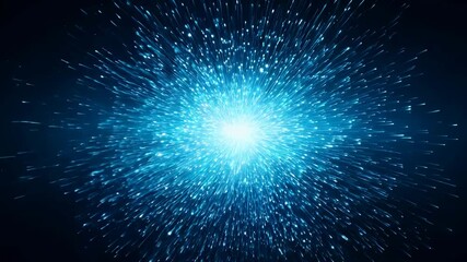 Poster - Blue glowing particle explosion against dark background, dynamic burst of light and energy