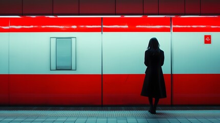 A woman in black stands on the platform of an empty subway station, with white and red stripes running across its side