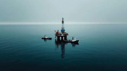 Sticker - Offshore oil drilling platform surrounded by calm waters and supply vessels. serene atmosphere highlights industrial activity in remote location