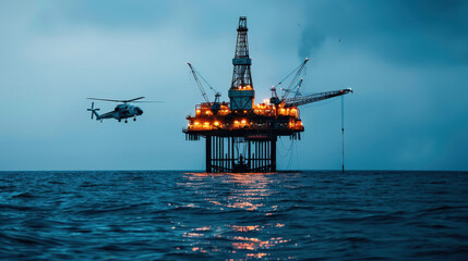 Sticker - Offshore oil platform illuminated by bright lights, surrounded by calm waters. helicopter approaches platform, showcasing industrial activity in serene environment