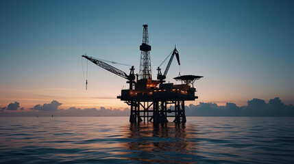 Sticker - Offshore oil platform silhouetted against colorful sunset, showcasing industrial lights reflecting on calm waters. serene yet powerful scene of energy production