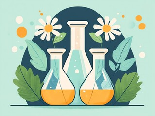 Beaker with leaf and flower, at the bottom, flat design illustration