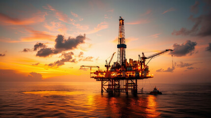 Sticker - Oil platform at dusk with industrial lights illuminating ocean. vibrant sunset creates stunning backdrop, highlighting structures silhouette against colorful sky