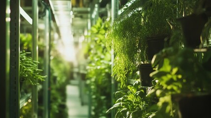 An indoor vertical farming system with multiple rows of thriving plants, illuminated by artificial light, showcasing sustainable urban agriculture and modern farming techniques.
