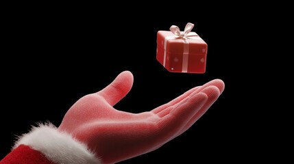 Hand in sleeve with white border of Santa Claus. A small red gift box with a bow floats above the hand on a black background, creating a festive atmosphere.