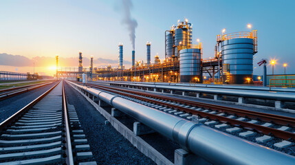 stunning view of petrochemical pipelines running alongside storage tanks at refinery during sunset, showcasing industrial infrastructure and technology