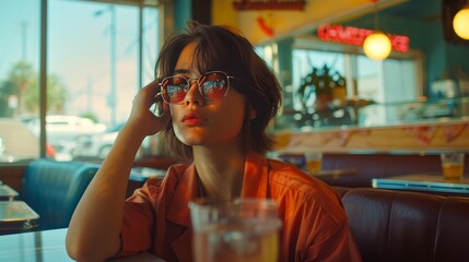 Young woman wearing sunglasses sits in a diner, lost in thought.