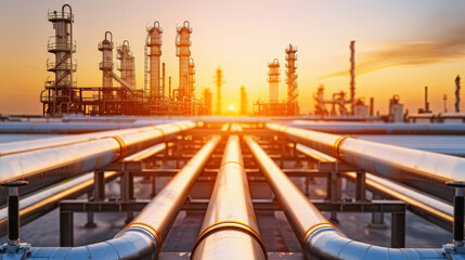 Sticker - Industrial pipelines stretch across foreground, leading towards vibrant sunset behind complex of oil and gas processing facilities. scene captures essence of energy production and industrial