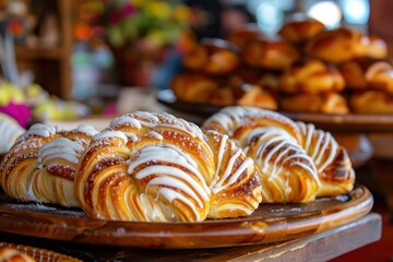 freshly baked sweet buns decorated with white sugar icing are lying on the plate on the counter of t