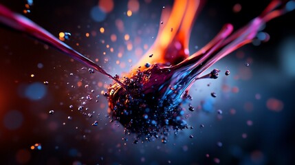 Abstract liquid explosion with droplets and bokeh background.
