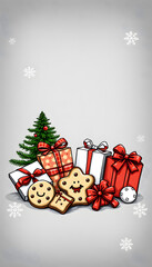 Wall Mural - Blank card with cookies, Christmas gifts and fir tree on grunge background isolated with white highlights, png