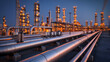 © AlexPhototest - glow of refinery lights reflecting off pipes creates striking industrial scene at dusk. intricate network of pipes and towering structures showcases modern engineering and energy production