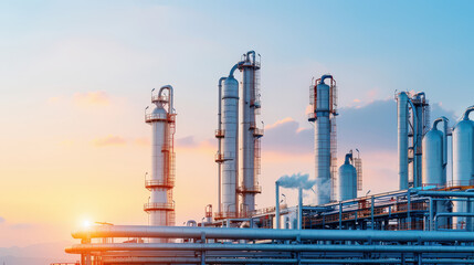 Sticker - image showcases industrial landscape featuring tall smokestacks and pipelines against vibrant sunset sky, highlighting petrochemical industry