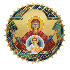 Blessed Virgin Mary and Jesus Christ. Religious decorative sun- dome. Illustration in Byzantine style isolated