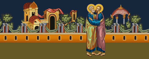 Wall Mural - Saints Peter and Paul. Christian religious banner- illustration in Byzantine style