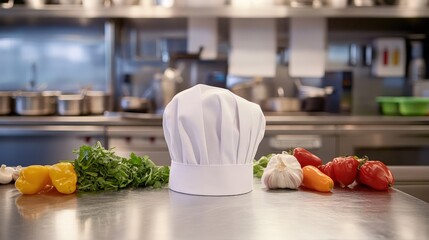 A hat on a stainless steel counter, with fresh ingredients in the background