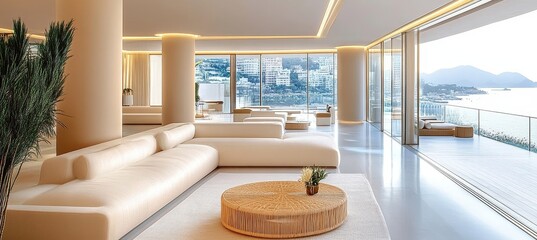 Minimalist And Luxury Open Plan Living Room Interior Design With A Sea View, Large Panoramic Window