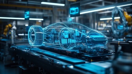 Fototapete - A 3D holographic projection of a car being assembled on an automated manufacturing line in a factory.