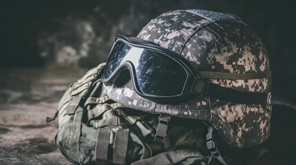 A military helmet with night vision goggles placed on a soldier's backpack