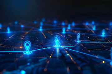 Wall Mural - a futuristic digital map showcasing a network of connected nodes and vibrant cityscape