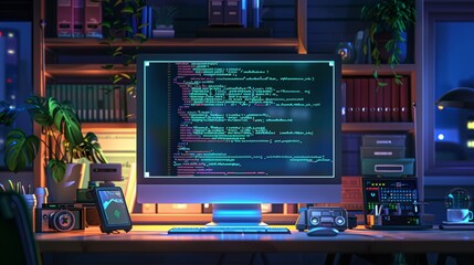A computer monitor displays lines of code with the screen