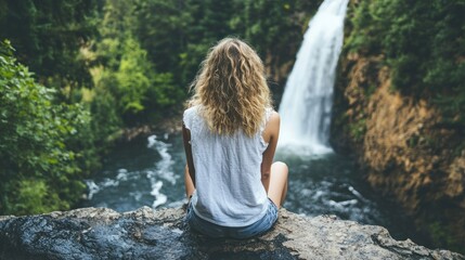 A person sitting by a waterfall, enjoying nature and tranquility.