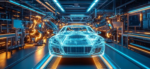 Fototapete - A car is being assembled on a production line in a futuristic factory.