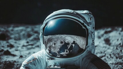 An helmet placed on a lunar surface, reflecting Earth in the visor