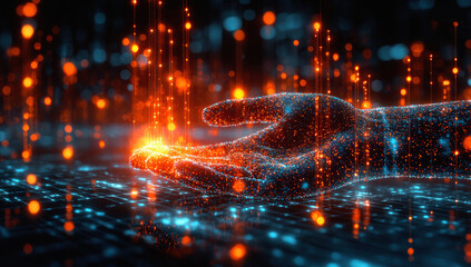 Of human hand touching digital hologram with binary code. Futuristic technology concept, modern computer network system connecting cyberspace data, illuminated web innovation background.