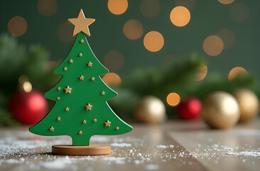 Toy green Christmas tree with gold decorations on a festive background