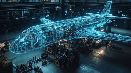 Poster - A digital rendering of an airplane in a factory setting, with workers visible in the background.