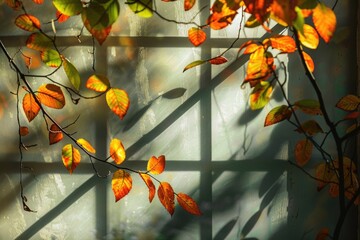 A close-up shot of a window with leaves growing on the frame