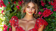 © remake - Portrait beautiful girl in red dress background flowers. Young model with pretty face standing in nature, smiling happy in summer park. Attractive lady with elegant, romance and joy in outdoor fashion