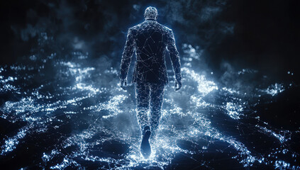 Man in front dark background with glowing lines and particles. Virtual cyberspace concept. Digital network connection. Futuristic technology. Cyber data web. Modern internet science.