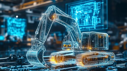 A futuristic digital rendering of an excavator with glowing lines, standing in a factory setting.