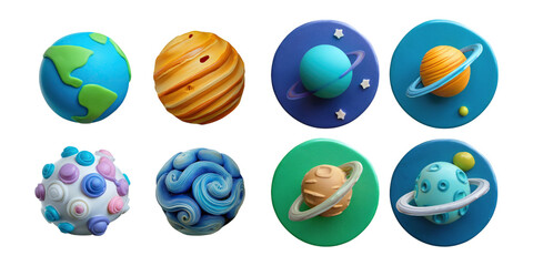 Colorful Planet Figurines in Playful Arrangement, PNG collection, set bundle, isolate on transparent or white background