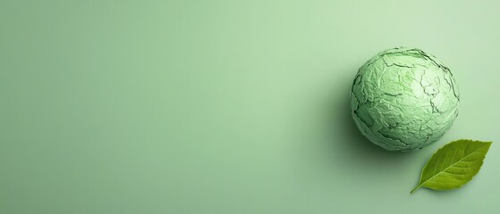 Wall Mural - Green Easter Egg with Leaf on Green Background.