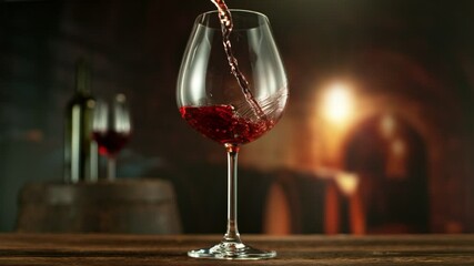 Fototapete - Super Slow Motion of Pouring Red Wine into Glass. Filmed on High Speed Cinema Camera, 1000 fps. Wine Cellar on Background.