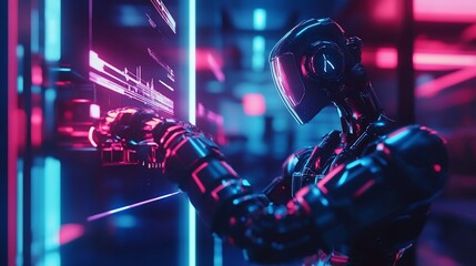Fototapete - A futuristic robot interacts with a glowing digital interface in a dimly lit room with neon lights.