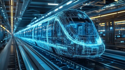 Fototapete - A futuristic train made of glowing blue lines, traveling through a modern train station.