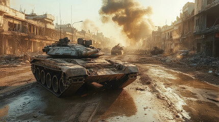 A military tank moving through a war-torn city street amidst the smoke and destruction