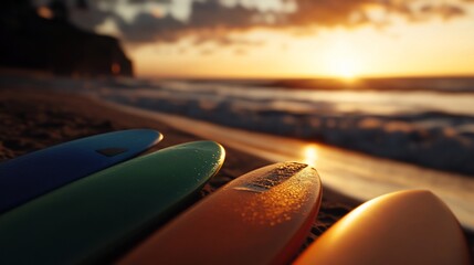 Four surfboards on a sandy beach at sunset.