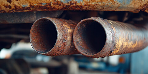 Close-up of two rusty exhaust pipes on a vehicle, illustrating wear, corrosion, and the need for repair or replacement in auto maintenance.