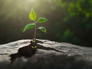 Wall Mural - A small green plant grows vigorously from a crack in a rock, symbolizing resilience and nature's ability to thrive in challenging environments.