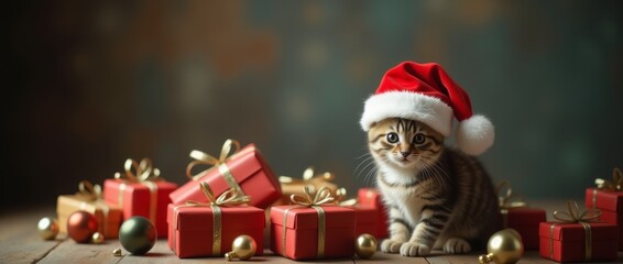 A curious tabby kitten wearing a Santa hat sits amidst a pile of wrapped Christmas presents, surrounded by festive decorations.