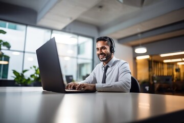 Canvas Print - photo of indian man working at call center, smilling talking to a laptop.