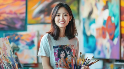 A young Asian woman smiles while holding art brushes in a vibrant studio filled with colorful paintings. Her expression reflects creativity and joy in her artistic space.